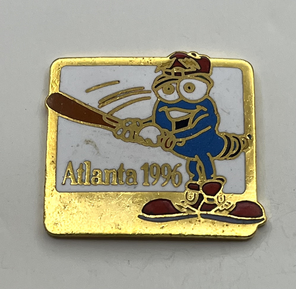 1996 Atlanta Olympic Baseball Pin ~ Izzy Mascot Swinging ~ Square