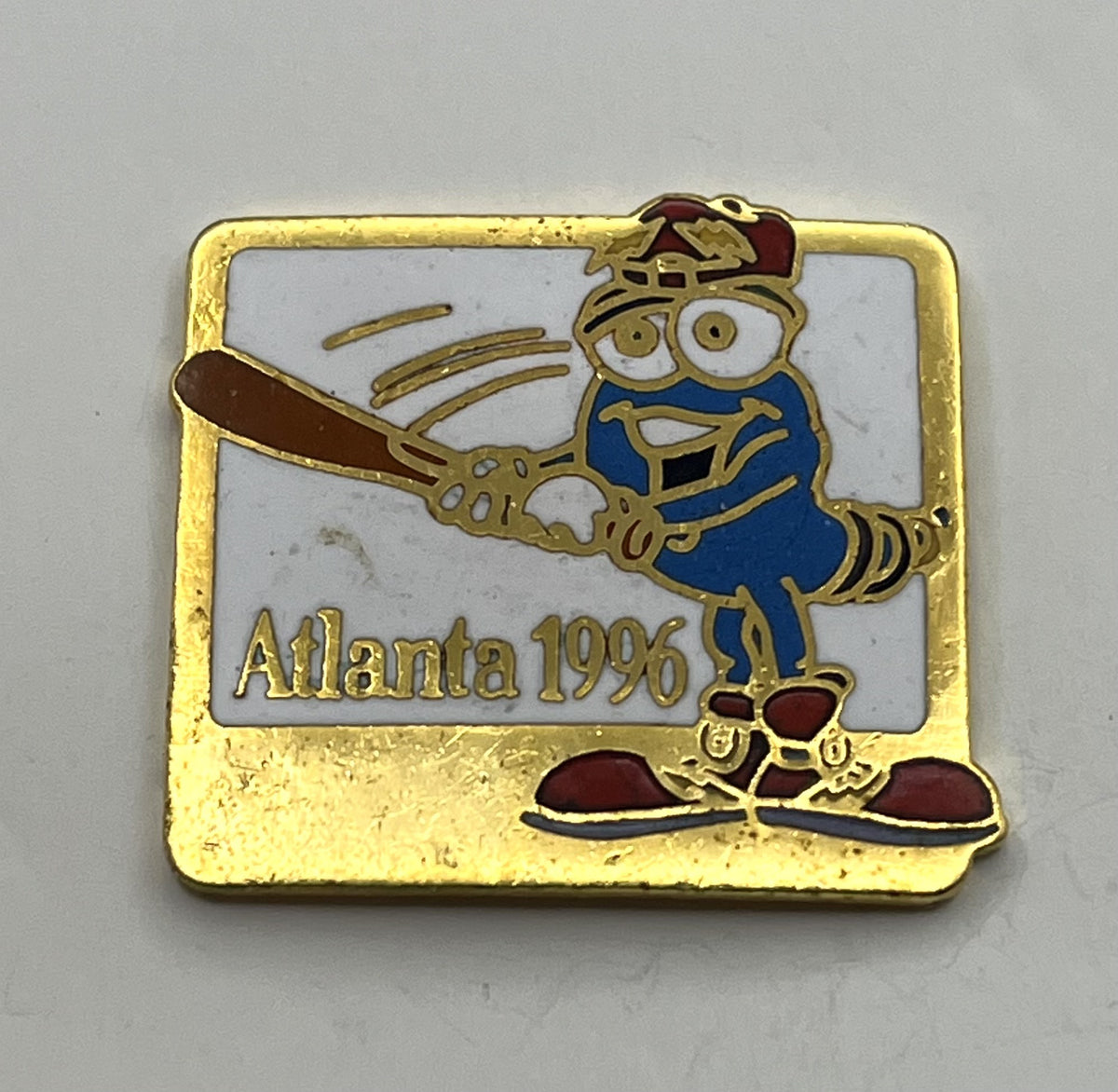 1996 Atlanta Olympic Baseball Pin ~ Izzy Mascot Swinging ~ Square