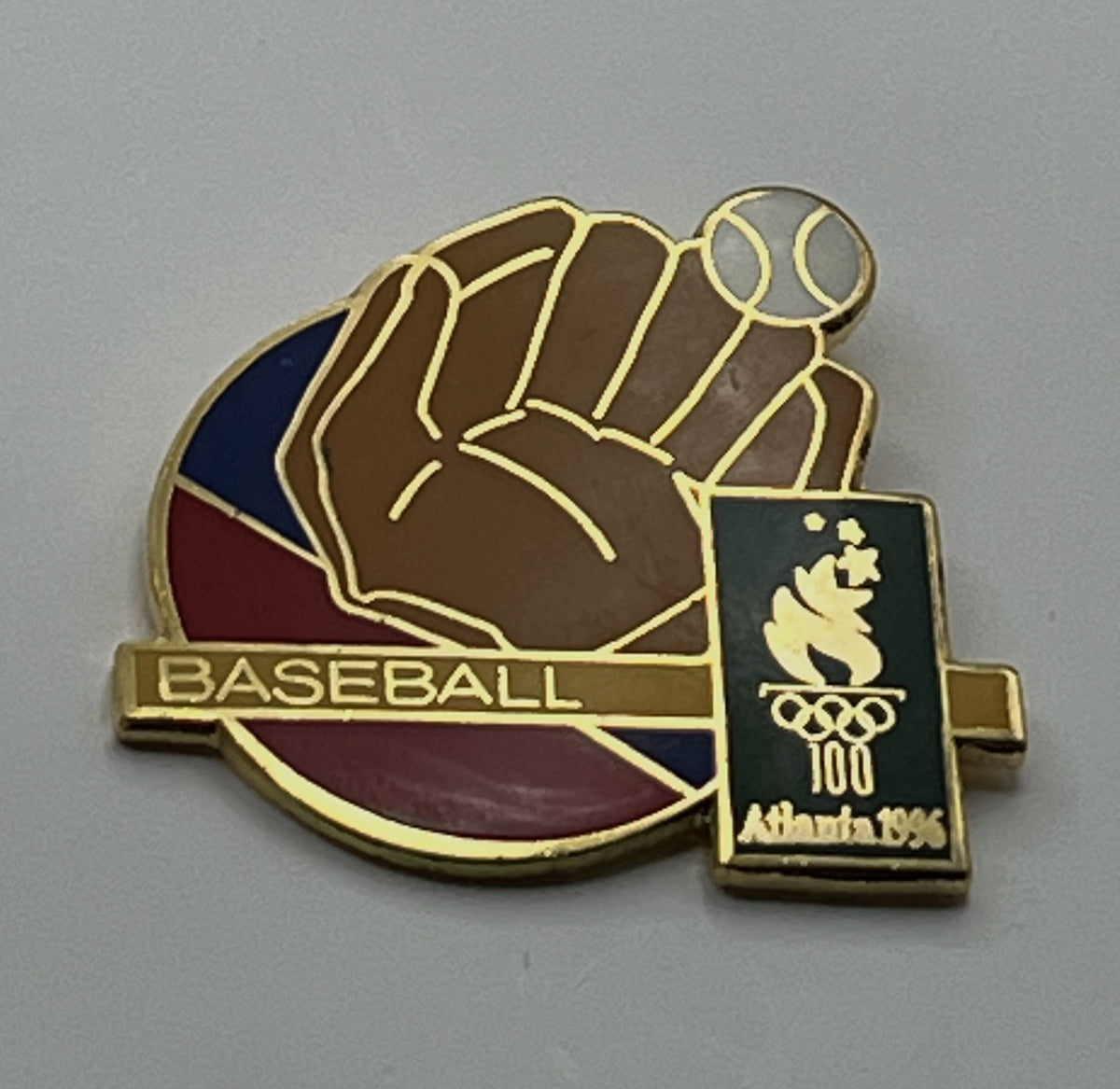 1996 Atlanta Olympic Baseball Pin ~ Glove and Ball ~ Centennial Torch Logo