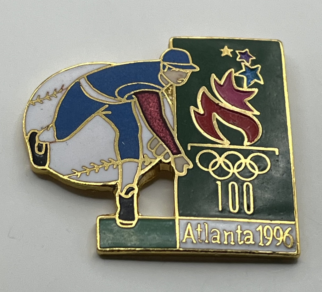1996 Atlanta Olympic Baseball Pin ~ Infielder with Centennial Torch Logo