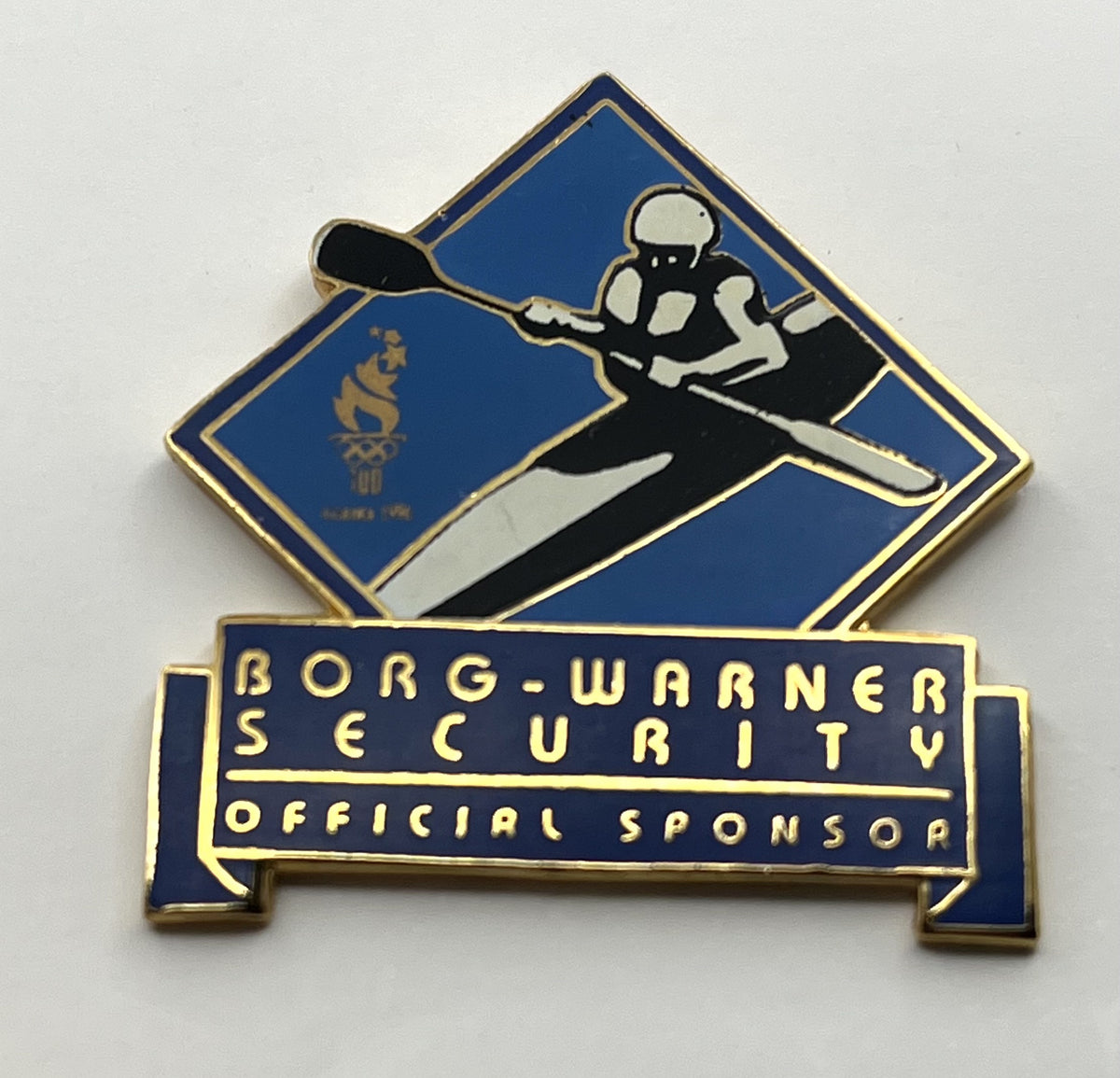 1996 Atlanta Olympic Kayak Pin ~ Borg-Warner Security Sponsor