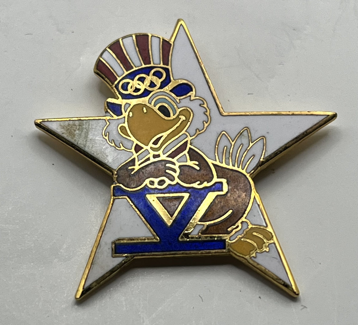 1984 Los Angeles Olympic Modern Pentathlon Pin ~ Sam the Eagle Series II White Star