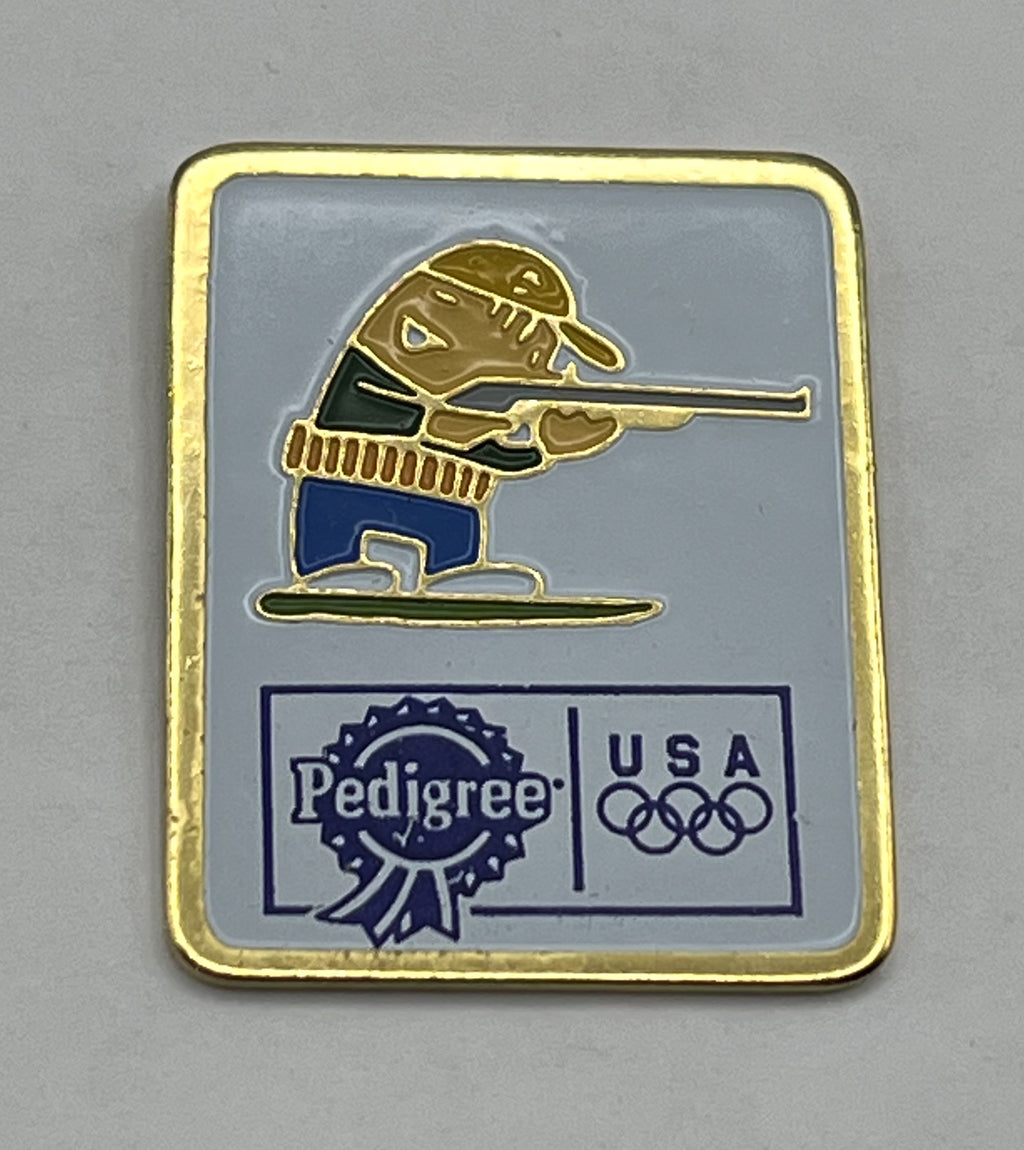 1992 Barcelona Olympic Shooting Pin ~ Pedigree USA Sponsor ~ Cobi Mascot
