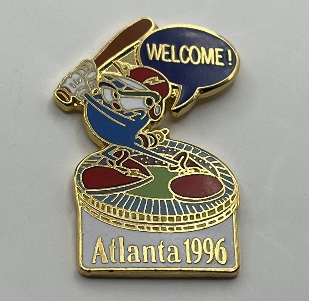1996 Atlanta Olympic Baseball Pin ~ Izzy Mascot at Bat ~ Welcome!