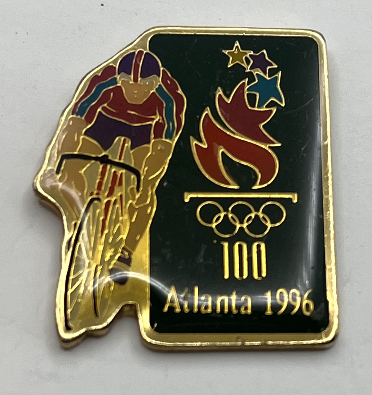 1996 Atlanta Olympic Cycling Pin ~ Cyclist with Torch Logo