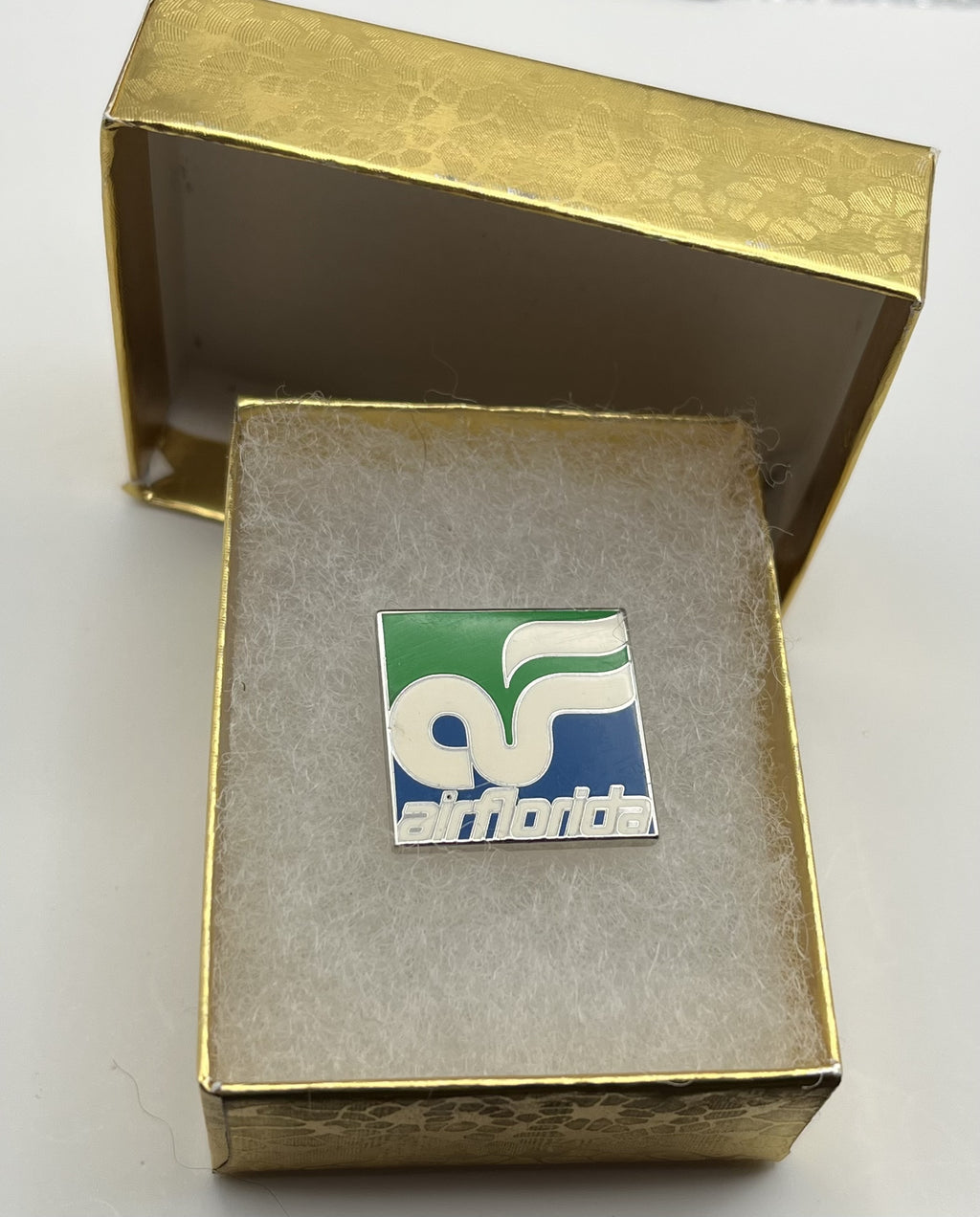 Air Florida Airline Pin ~ Green, White & Blue Logo ~ Gold Gift Box