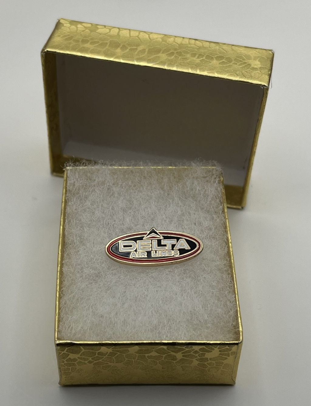 Delta Air Lines Oval Widget Wordmark lapel pin in gold gift box