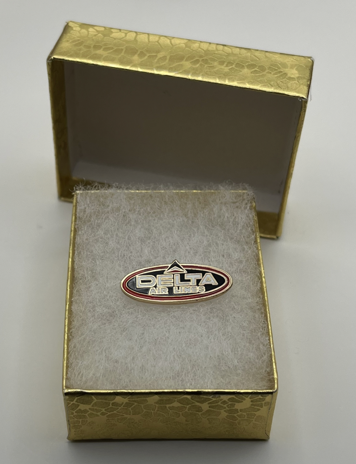 Delta Air Lines Oval Widget Wordmark lapel pin in gold gift box