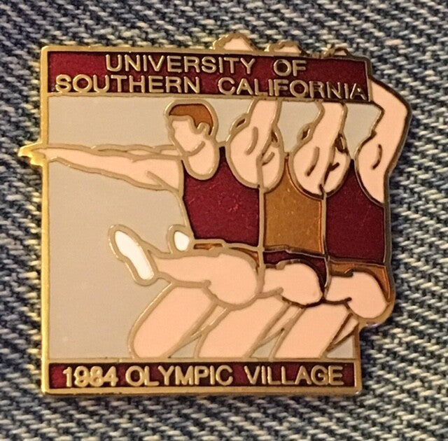 Olympic Village USC pin from the 1984 Los Angeles Olympics on original card