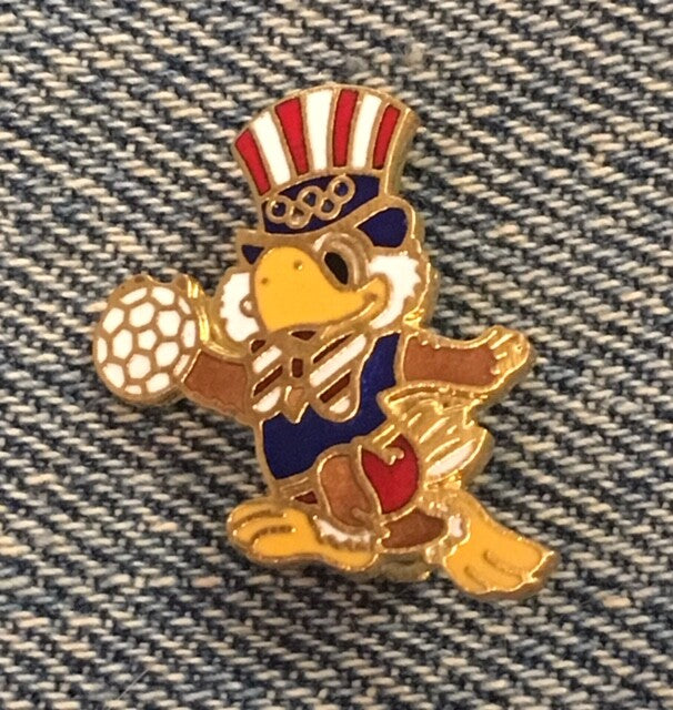 Sam the Eagle handball cut-out brooch pin from the 1984 Los Angeles Olympics