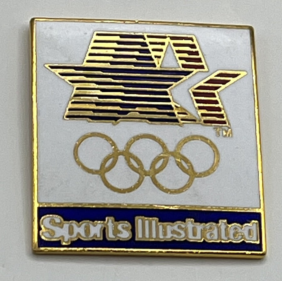 Sports Illustrated Error Pin ~ White ~ 1984 Olympics ~ Los Angeles ~ Stars in Motion Logo ~ Post Back