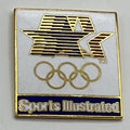 Sports Illustrated Error Pin ~ White ~ 1984 Olympics ~ Los Angeles ~ Stars in Motion Logo ~ Post Back