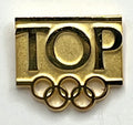 IOC TOP Olympic Partner Programme Pin ~ Gold Olympic Rings on Original Eden Arts Seoul Korea Card