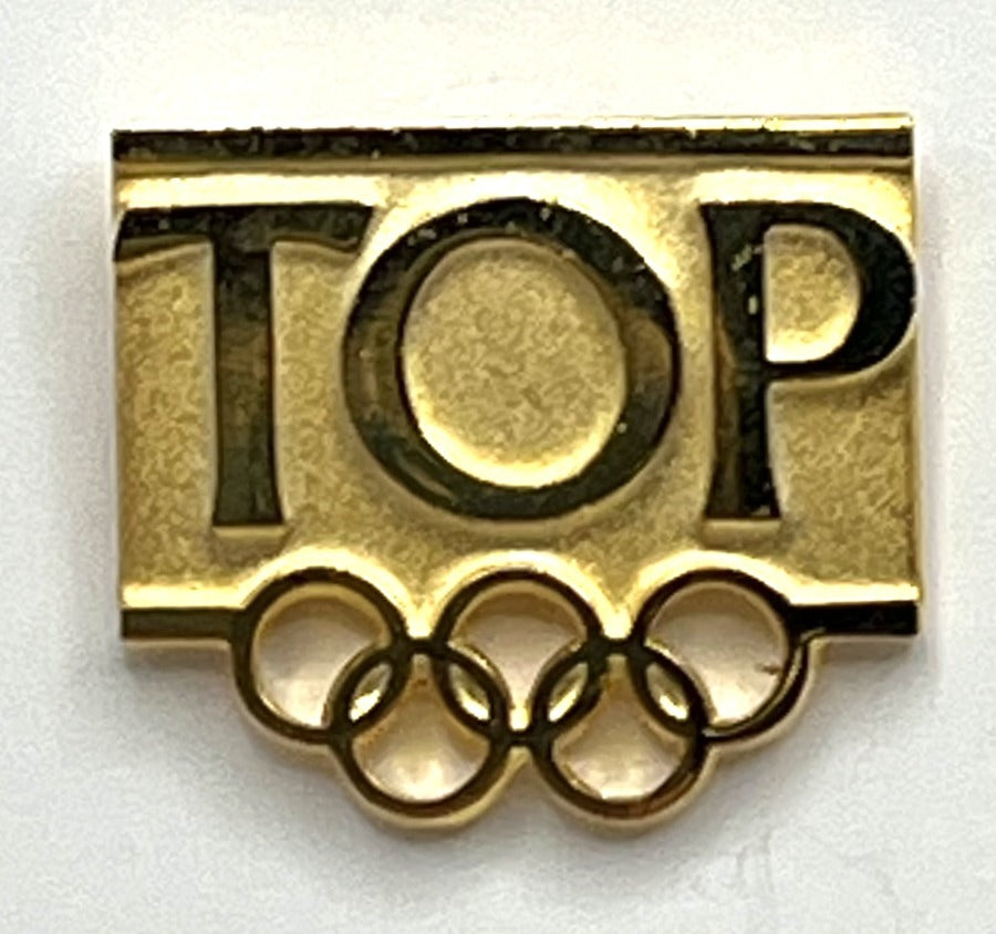 IOC TOP Olympic Partner Programme Pin ~ Gold Olympic Rings on Original Eden Arts Seoul Korea Card