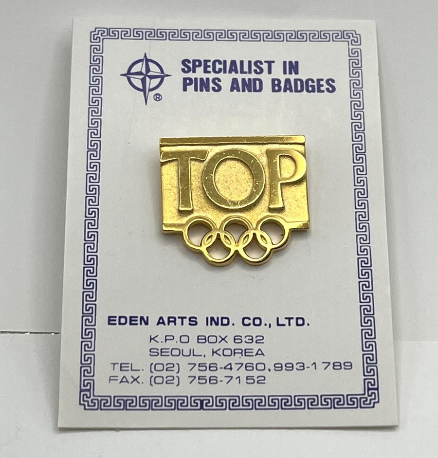 IOC TOP Olympic Partner Programme Pin ~ Gold Olympic Rings on Original Eden Arts Seoul Korea Card